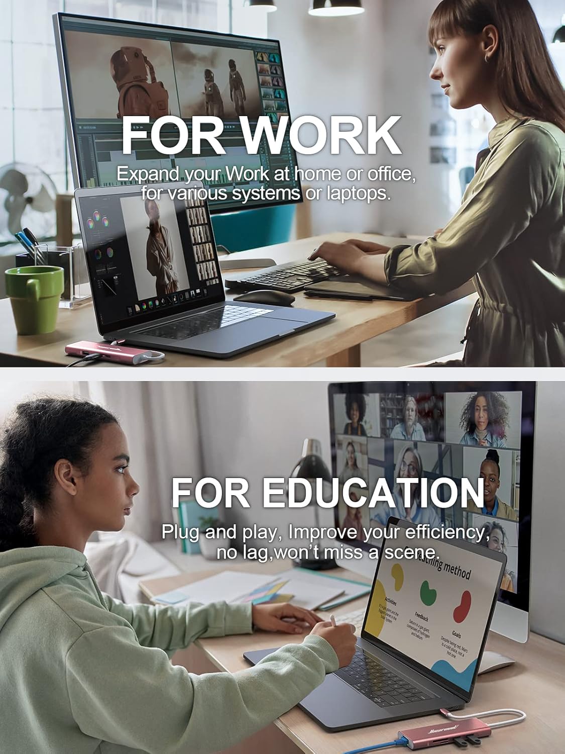 Hiearcool USB C Hub Ethernet, 8in1 USBC Hub Multi-Port Adapter, USB-C to HDMI Docking Station Type C Adapter Dongle Compatible for MacBook Dell XPS HP ASUS and More Type-C Devices-Rose Gold