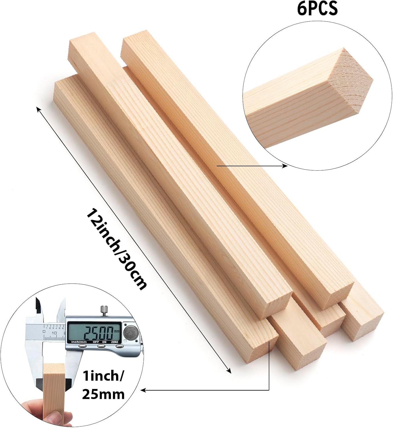 Square Wooden Dowel Rods, 6 PCS 1" x 12" Square Wood Dowel Rods Wooden Sticks for Crafts, Unfinished Hardwood Sticks Wood Strips for Woodworking, Crafting, Arts and DIYers, Home Decor, Model Making