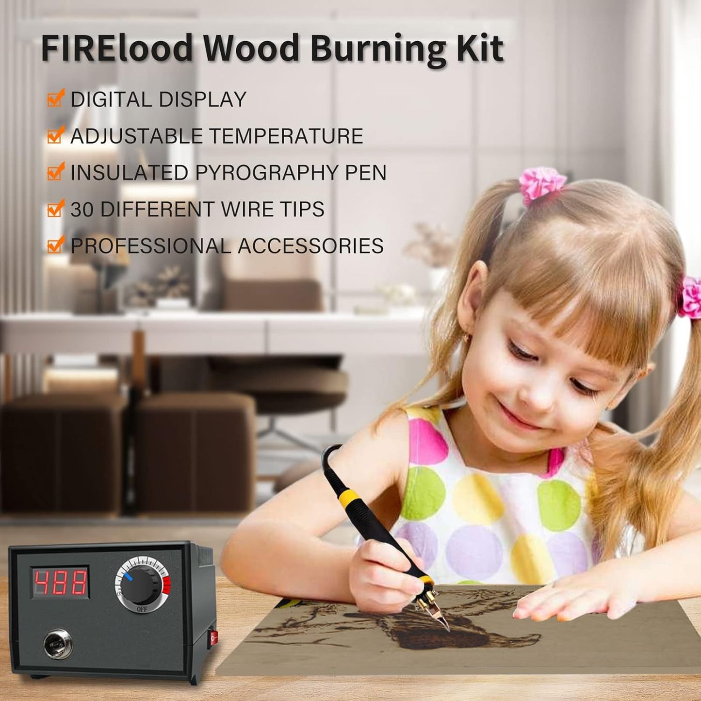 FIRElood Wood Burning Tool,Wood Burning kit Pen 25~750℃,Professional Wood Burning kit,with Digital Thermometer Temperature Adjustable Temperature,1 Wood Burning pens, 30 Wood Burning Pen Tips