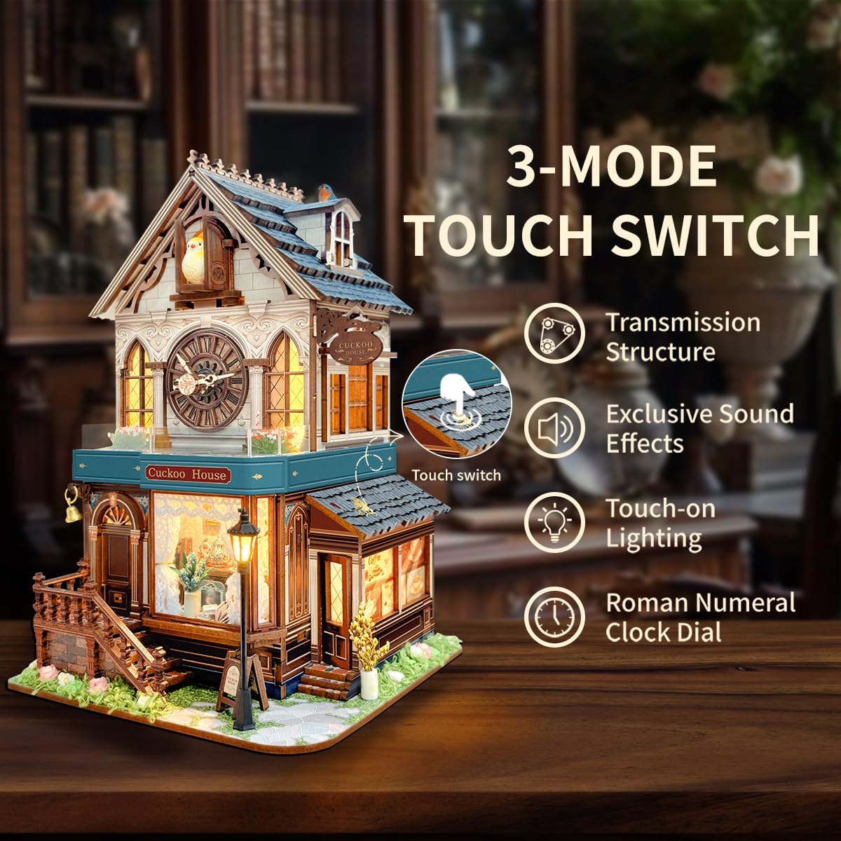 3D Wooden Puzzles - Miniature Cuckoo Clock House Kit, DIY Wooden Building Set for Adults and Teens, Mini Model Kit with 3-Mode Touch Switch - Cuckoo House (SQ-61)
