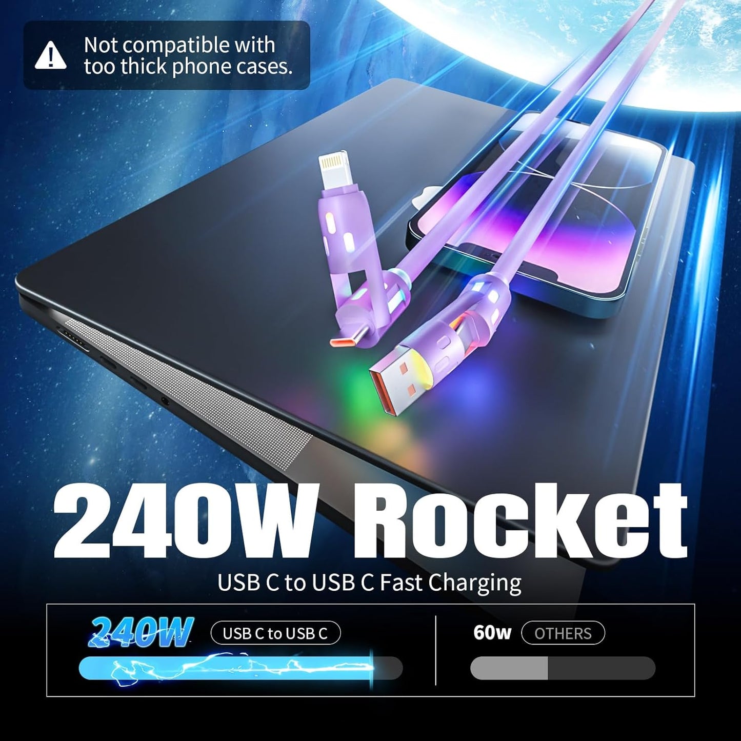 240W USB C Cable,4 in 1 Charging Cable Fast Charging & Data Sync,Multi USB Charging Cable with Breathing Light,Charger Cord for iPhone 17/16/15 14 13 iPad Galaxy MacBook iPad Tablets,Purple 5Ft