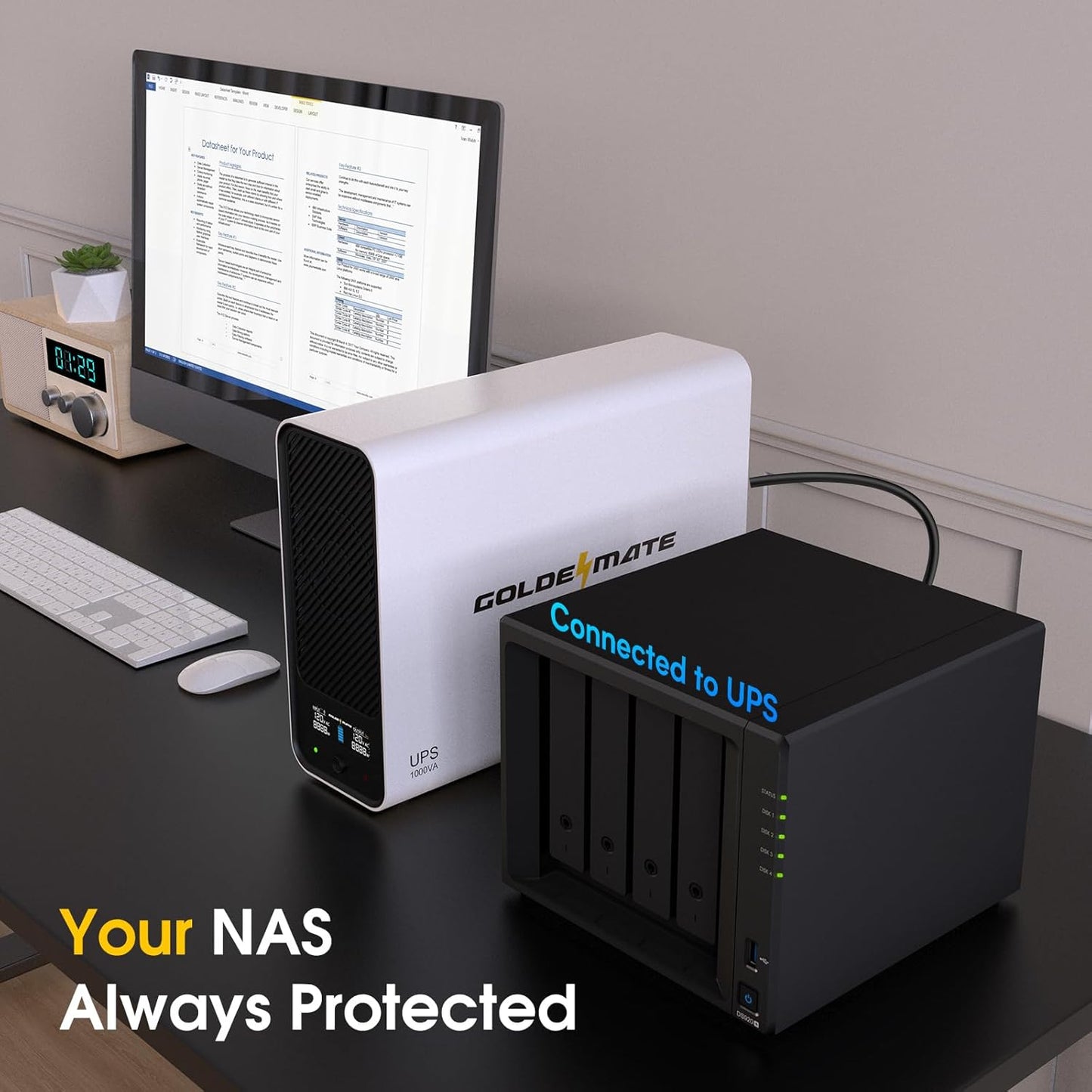 GOLDENMATE 1000VA/800W Lithium UPS Battery Backup and Surge Protector, Sinewave UPS System with LiFePO4 Battery(230.4 Wh), 2025 Upgraded Pro Ver. with Communication Port, 8 Outlets, LCD Display, White