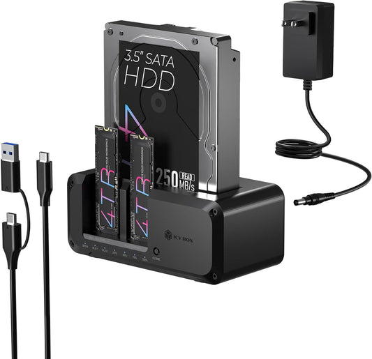 M.2 NVMe & SATA SSD/HDD Hard Drive Docking Station, ICY BOX USB-C 10Gbps NVMe Cloner&Reader, TripleBay Hard Drive cloner for 2.5"/3.5" SSD&HDD Hard Drives, Offline Cloning, Tool-Free (3 Bay)