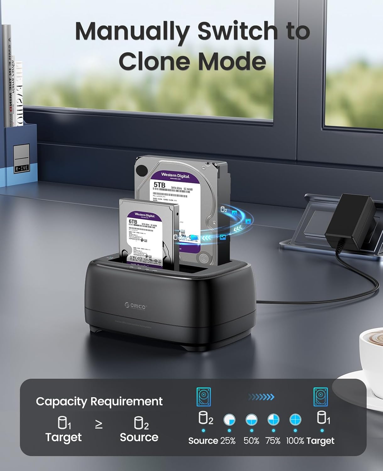 ORICO USB Type C to SATA 2 Bay Hard Drive Docking Station Duplicator/Cloner Function for 2.5 or 3.5 in HDD SSD with 2 in 1 USB C to A/C Cable (DD28C3-C)