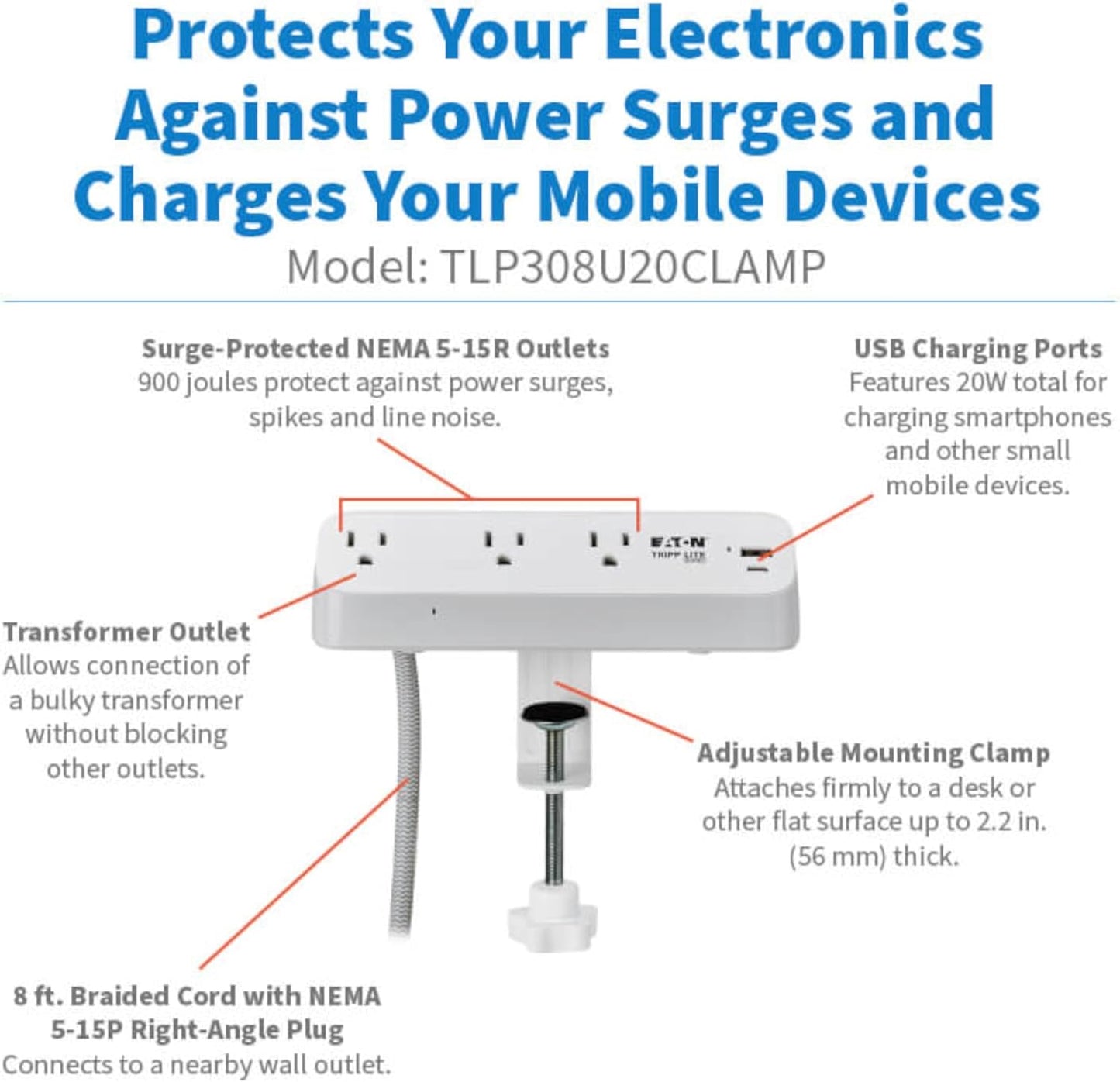 Eaton Tripp Lite Series Desk Clamp Power Strip Surge Protector, 3-Outlets, USB-A & USB-C Charging Ports, 900 Joules, 8ft Braided Flat Extension Cord, Lifetime Manufacturer's Warranty (TLP308U20CLAMP)