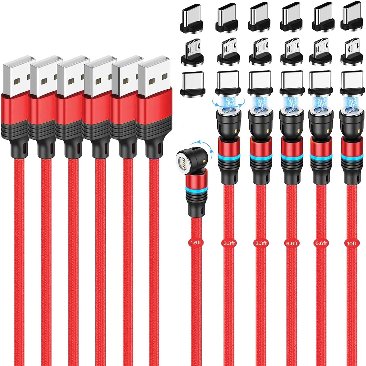 Magnetic Charging Cable (6-Pack,1.6+3.3+3.3+6.6+6.6+10ft) 540° Rotation 3A Fast Charging Data Sync 3 in 1 Magnetic Phone Charger Cable with LED Light Compatible with Micro USB Type C Phone Device