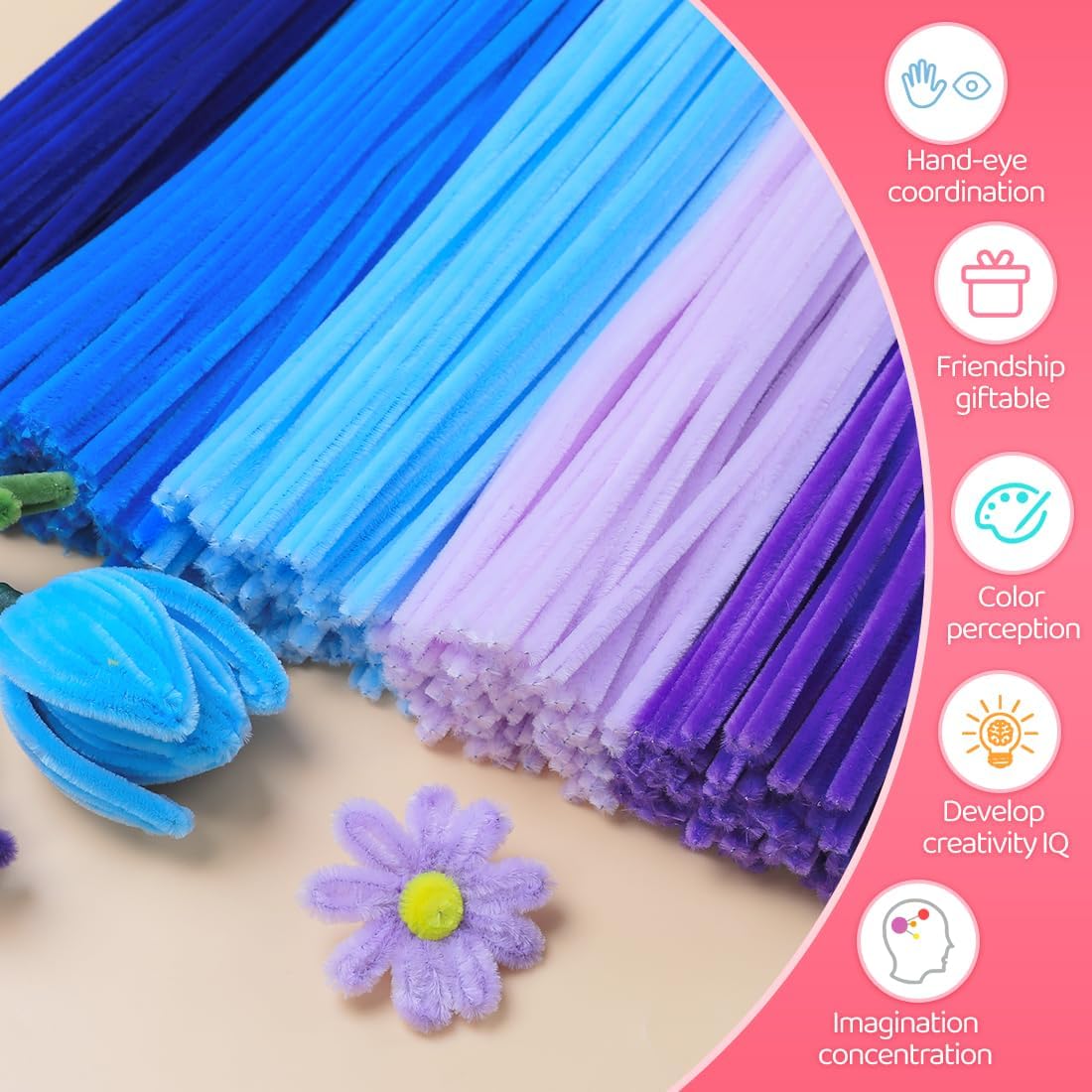 IOOLEEM Blue Pipe Cleaners,200pcs in 5 Colors, Chenille Stems for Art and Craft Projects, Flower DIY Decorations