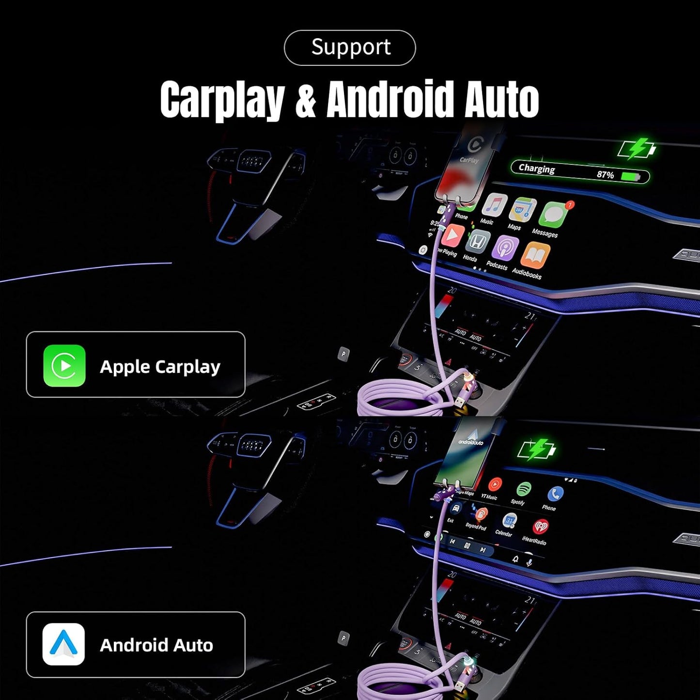 240W USB C Cable,4 in 1 Charging Cable Fast Charging & Data Sync,Multi USB Charging Cable with Breathing Light,Charger Cord for iPhone 17/16/15 14 13 iPad Galaxy MacBook iPad Tablets,Purple 5Ft