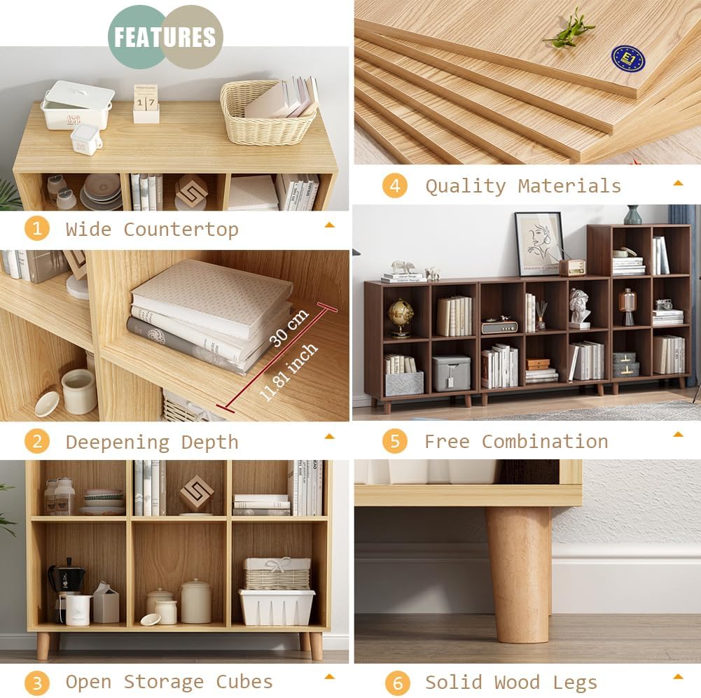 IOTXY Freestanding Open Cubes Bookcase - 2-Tier Floor Standing Wooden Storage Display Cabinet Organizer with Legs for Home Office, 4-Cubes Open Shelf Low Short Bookshelf, Walnut