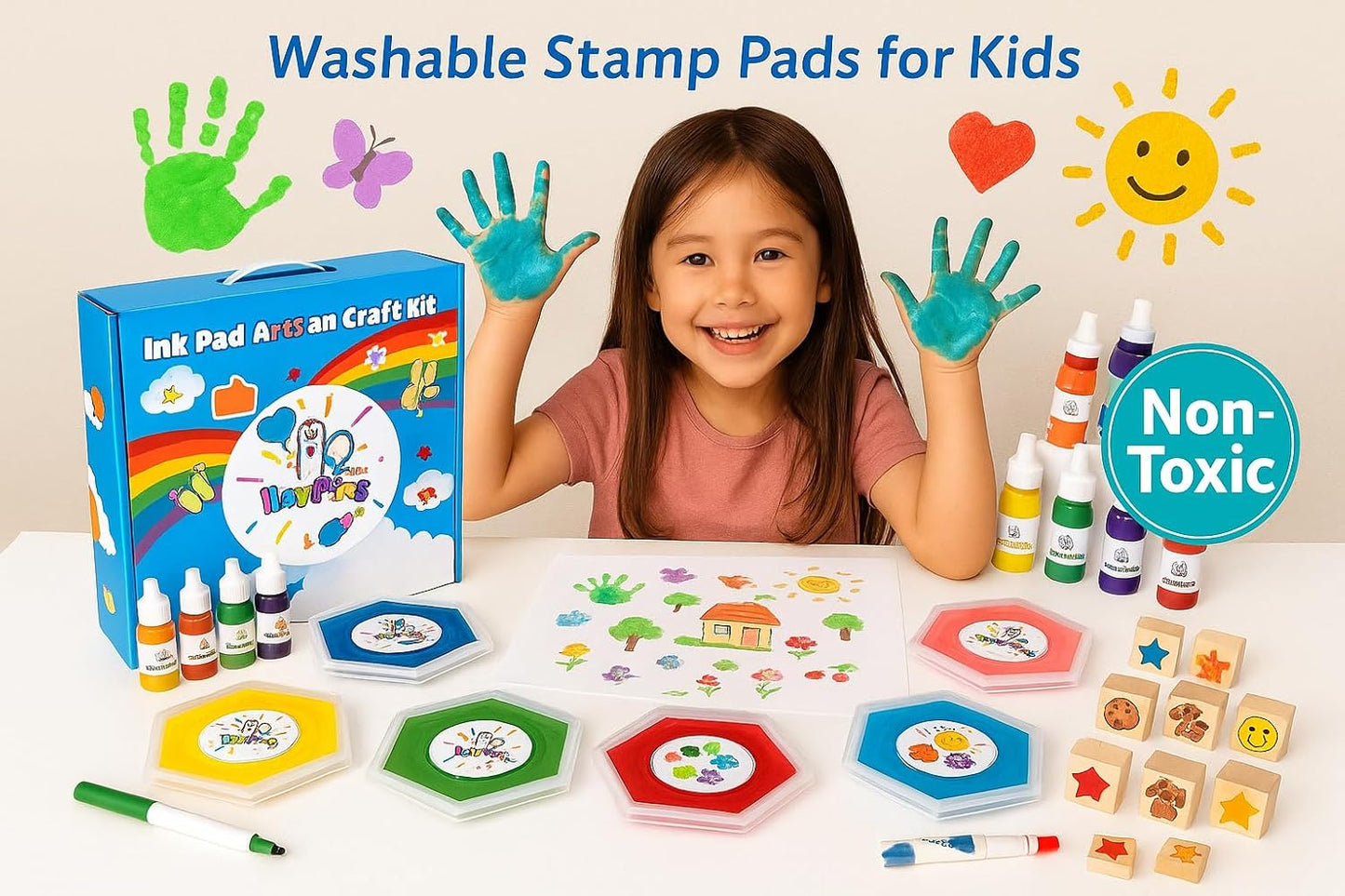 Washable Stamp Pads for Kids Arts and Crafts Jumbo Non-Toxic Ink with Wooden Stamps, Drawing Pad, Marker and Ink Refills