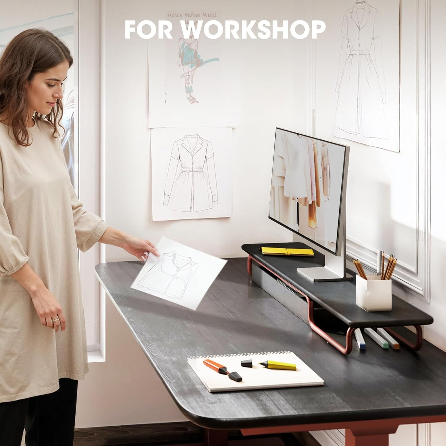 Fenge Dual Monitor Riser, 37 Inch Monitor Stand for Desk, Solid Wood Desk Shelf with Large Drawer Organizer, No Assembly Computer Stand for PC, Laptop, Printer, TV