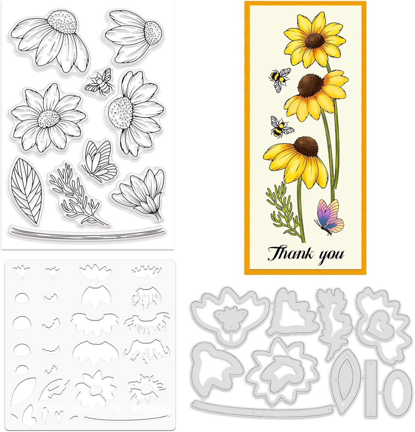 ORIGACH Daisy Flower Stamps and Dies and Layering Coloring Stencil Set, Silicone Stamps Metal Die Cut and Layering Stencil Template with Daisy Pattern for Card Making Scrapbooking DIY Crafting