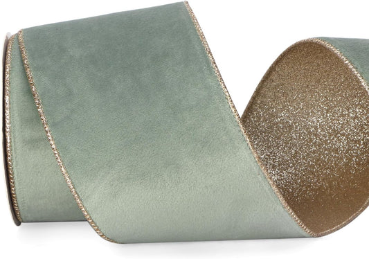 Ribbli Sage Velvet Wired Ribbon 4 Inch Sage Velvet with Champagne Glitter Christmas Ribbon for Christmas Tree Decoration Big Bow Gift Wrapping Crafts Wreaths Supplies- 10 Yards