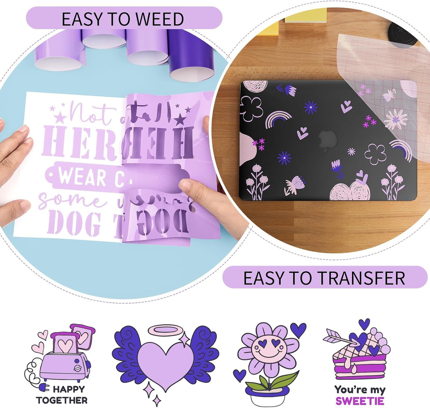 GIRAFVINYL Purple Permanent Vinyl - 12”x12” 7 Pack Adhesive Purple Vinyl for DIY Helloween Decorations, Signs, Tumblers, Easy to Weed & Water-Proof