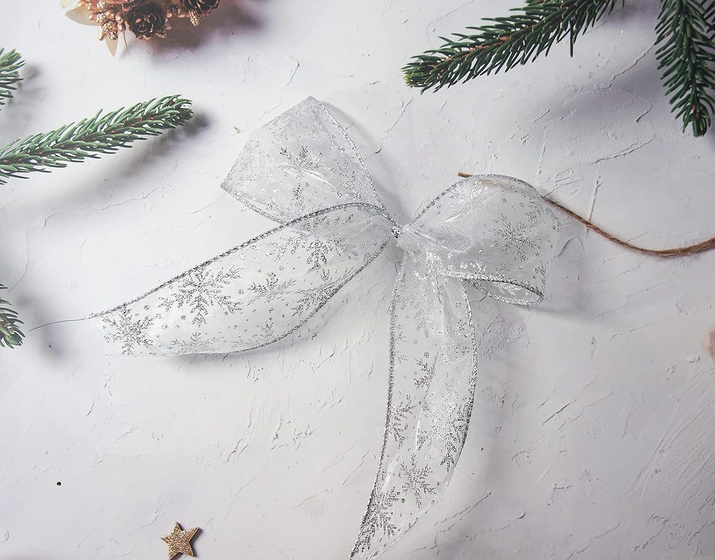 CT CRAFT LLC Organza with Silver Glitter Snowflakes Wired Ribbon 2.5 inch x 50 Yards for Christmas Home Decor Tree Topper Bow Gift Wrapping DIY Crafts Wreath Garland Wedding