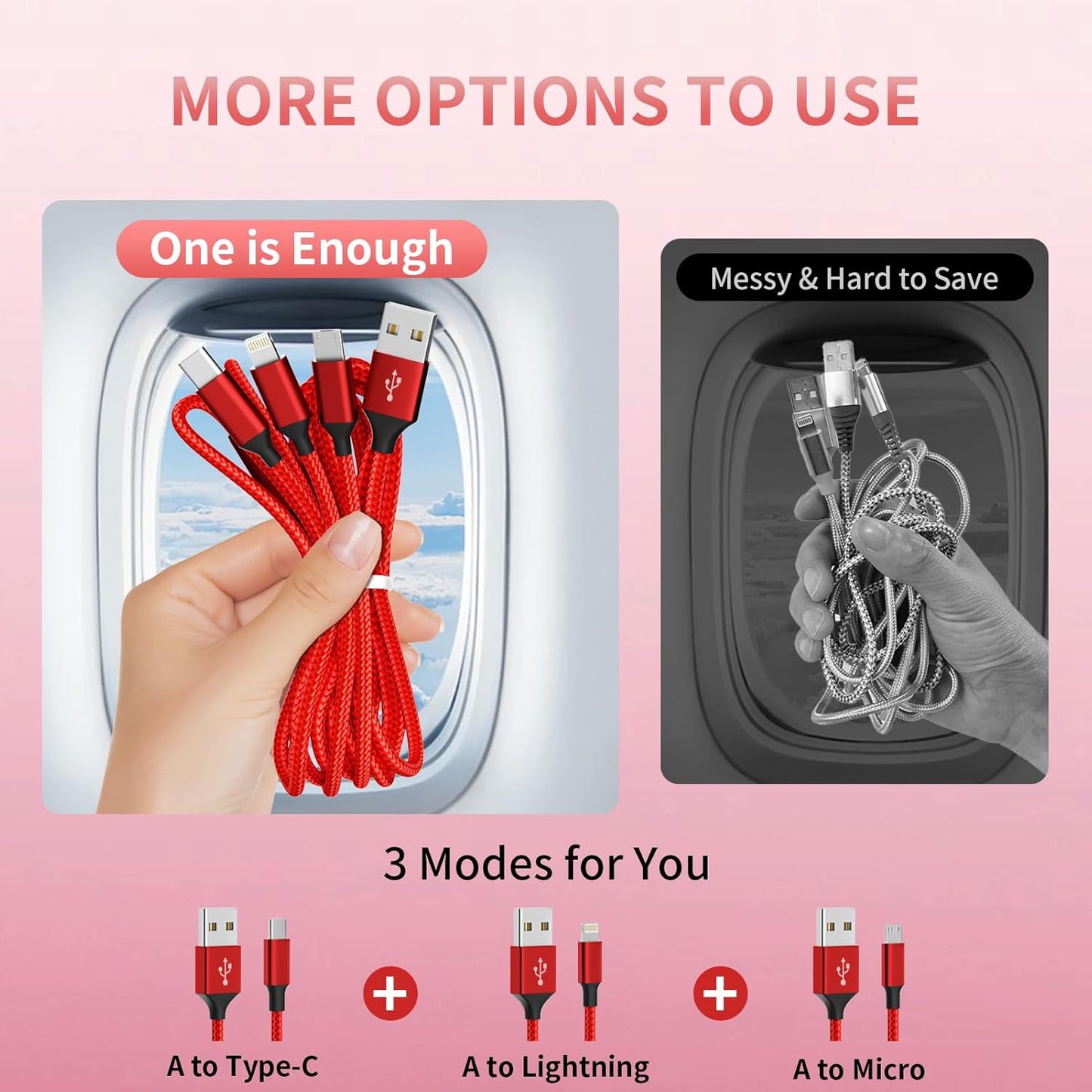 Multi Charging Cable, (2 Pack 4FT) Multi USB Charger Cable 3 in 1 Charging Nylon Braided Charging Cord with Type-C, Micro USB, IP Port for Most Phones/iPhones/Tablets, Red