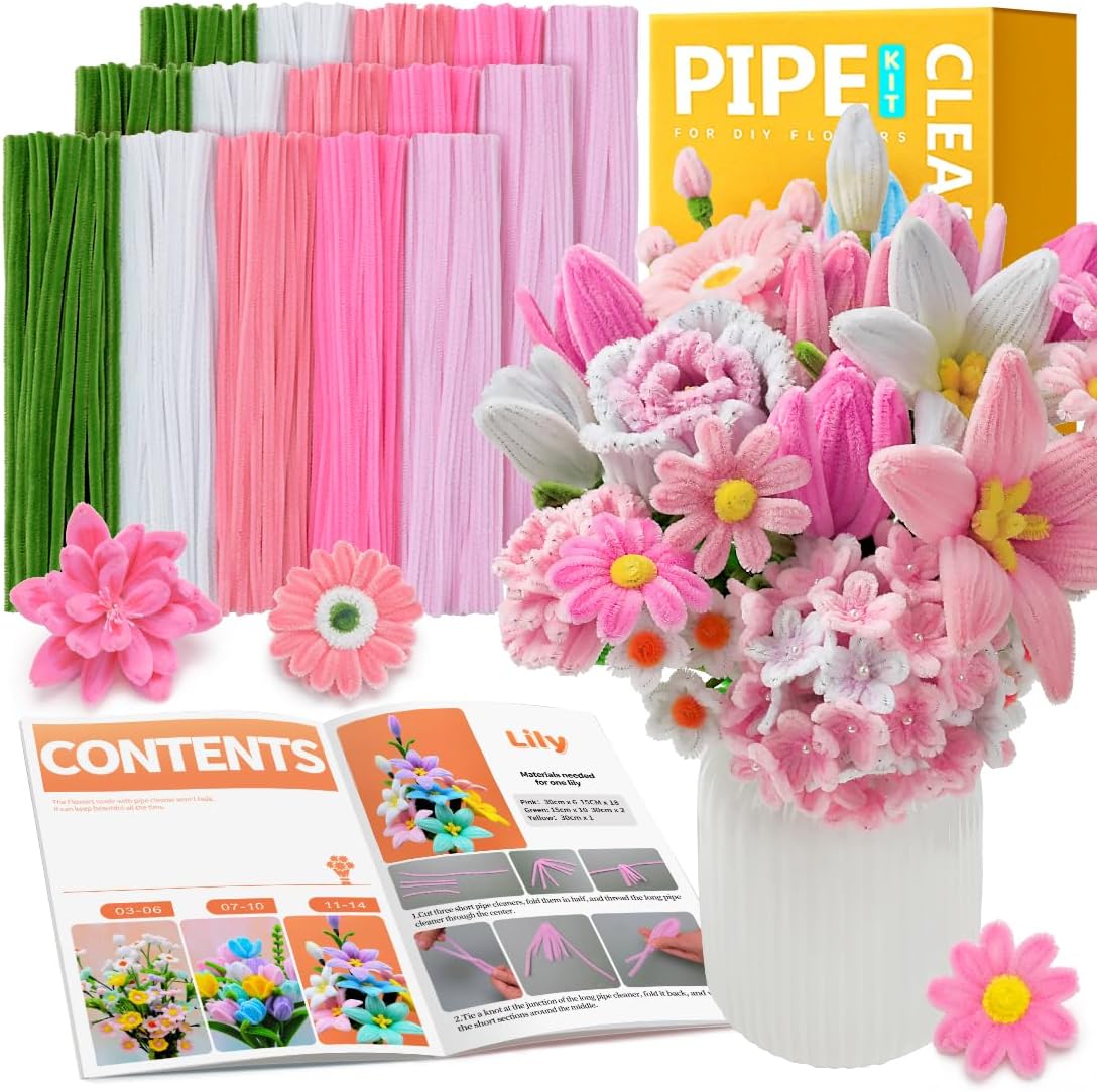 IOOLEEM Pipe Cleaners, 480pcs Pink, Flower Making Kit, Arts and Craft Supplies, Ideas for Art Project Activity.