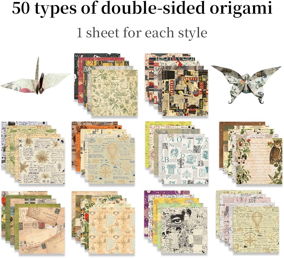 Square Origami Paper 6x6 Double Sided 50 Sheets 50 Colors 70GSM Origami Kit Japanese Chiyo Easy Fold Arts Crafts DIY Handwork Beginner Retro Newspapers