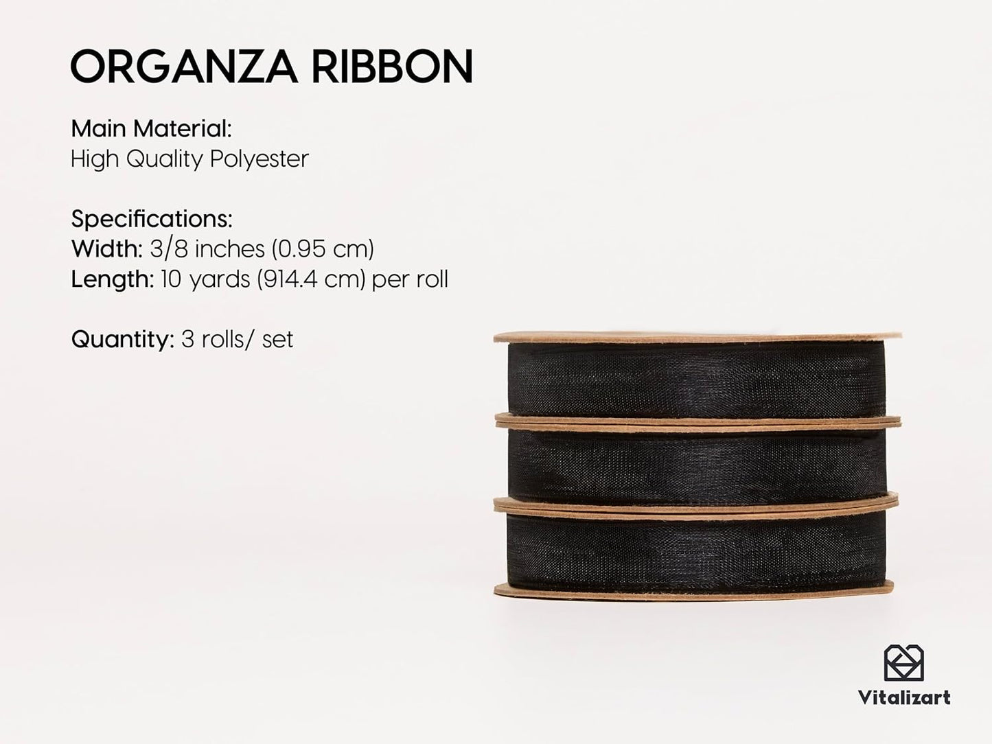 Vitalizart 3/8" x 30Yd Organza Ribbon Black Sheer Ribbons Set 10 Yd x 3 Rolls Handmade Eco-Friendly for Gift Wrapping Christmas Tree Crafts Bows Wedding Invitations Wreaths Wrap