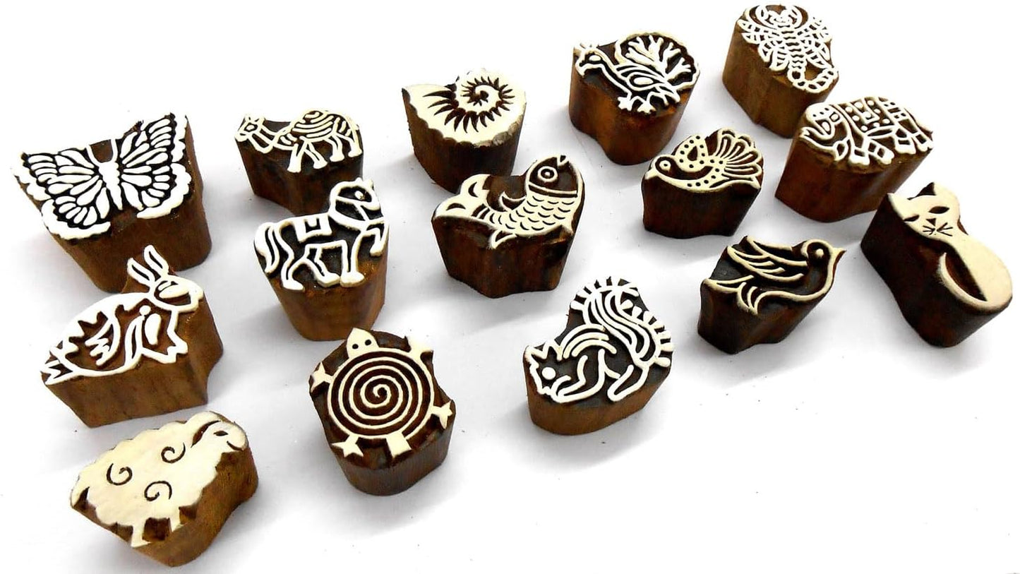 CraftsofIndia® Animals and Birds Wooden Blocks for Stamping, Block Printing on Textiles, Pottery Crafts,Henna, Scrapbooking, Wall Painting (Set of 15)