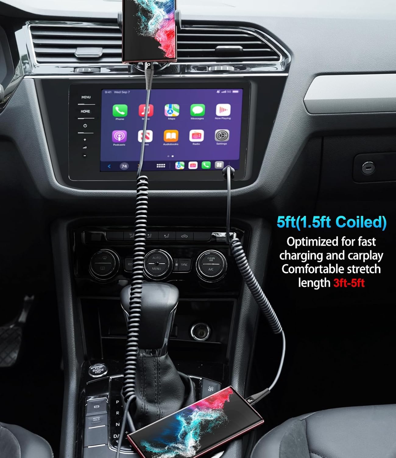 Coiled USB C to C Cable for Car 5FT, USB Type C Charger Cable Short USBC Fast Charging Cable for iPhone 17/16/15/Pro/Plus/Pro Max/Samsung Galaxy S23, Compatible All Type C Devices-Black 2Pack