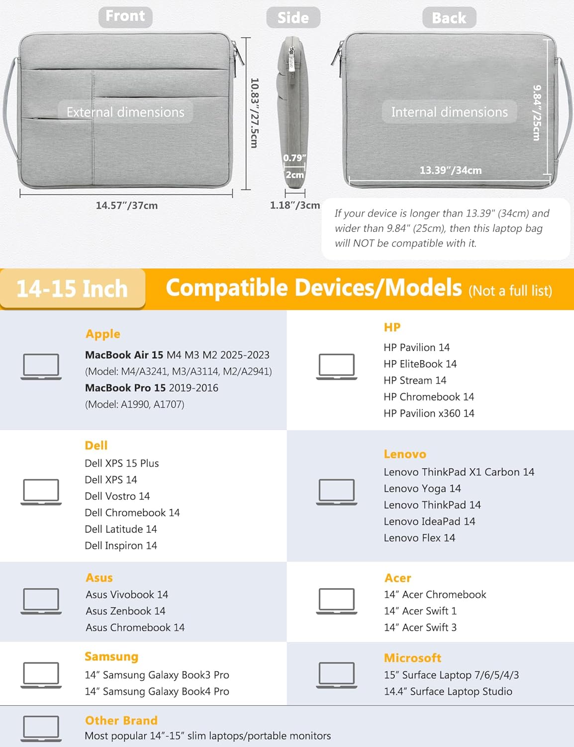 HYZUO 14-15 Inch Laptop Sleeve Bag for MacBook Air 15 M4 M3 M2, MacBook Pro 15, 15" Surface Laptop, XPS 14/15 Plus, Portable NoteBook Case for 14" HP Dell Lenovo ThinkPad Acer, Light Gray