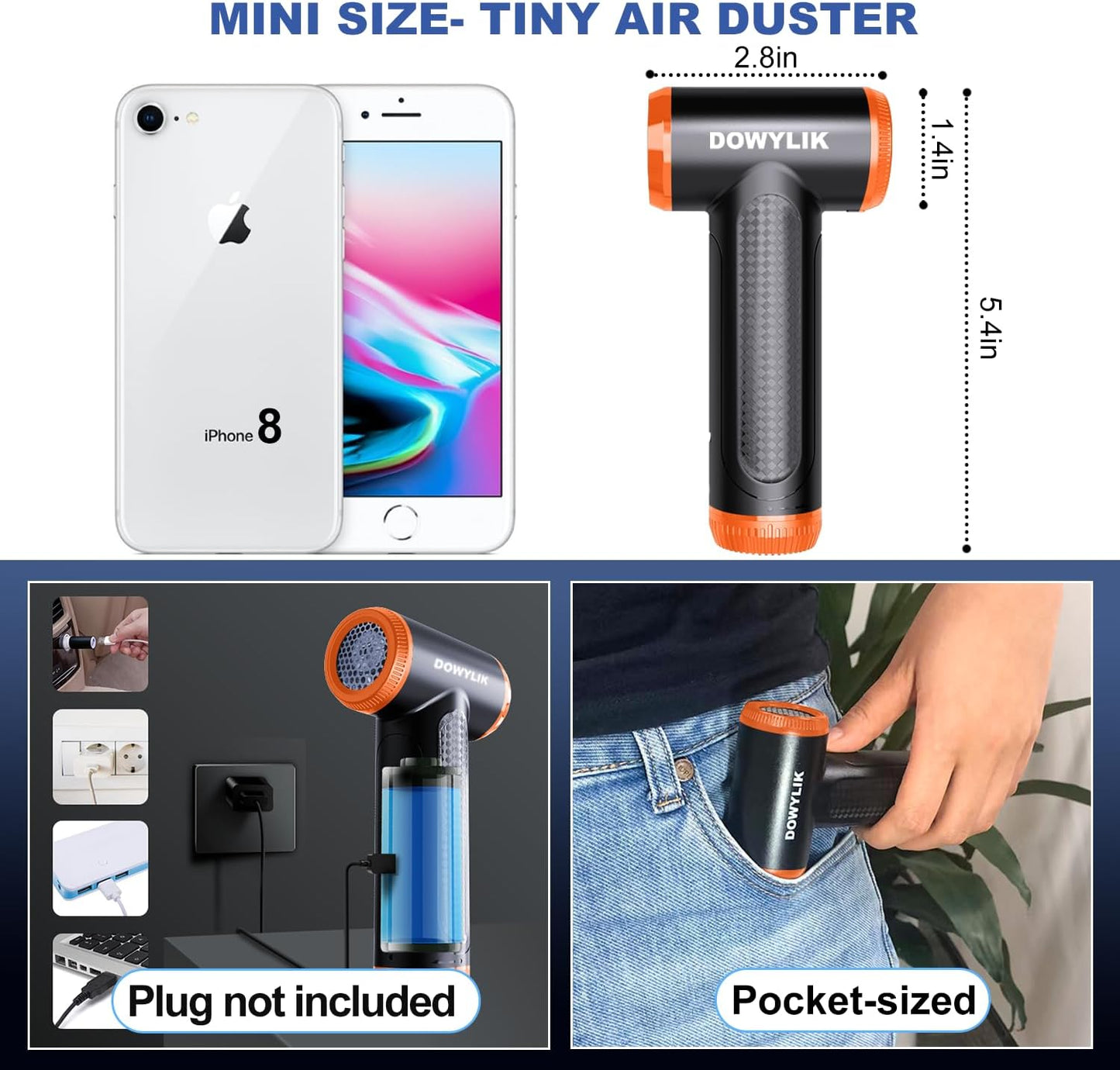 Compressed Air Duster - 150000RPM Brushless Motor, Mini Air Blower for PC Cleaning Kit, Canned Air Duster for Computers, Rechargeable & Portable Compressed Air for Electronics