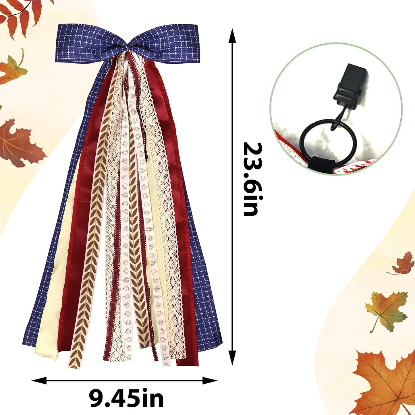 Large Blue Buffalo Plaid Ribbons Bow for Wreath, Red Orange Fall Fabric Ribbons Set Assorted Lace Ribbon Navy Clip-On Wreath Sash Ribbon Bundle for Thanksgiving Home Indoor Outdoor Decor