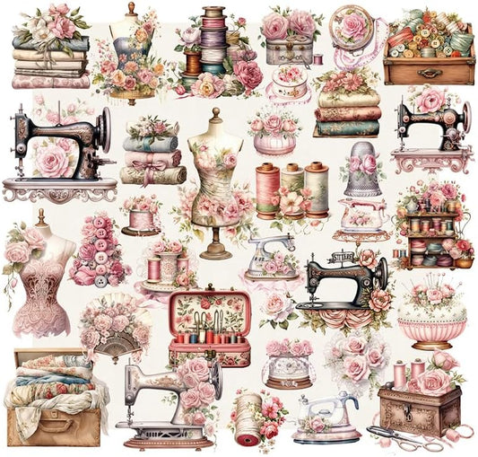 Vintage Vellum Stickers Floral Plants Elements Scrapbooking Supplies Flowers Botanic Natural Translucent Paper Self-Adhesive Junk-Journal Items (Sewing Rose)