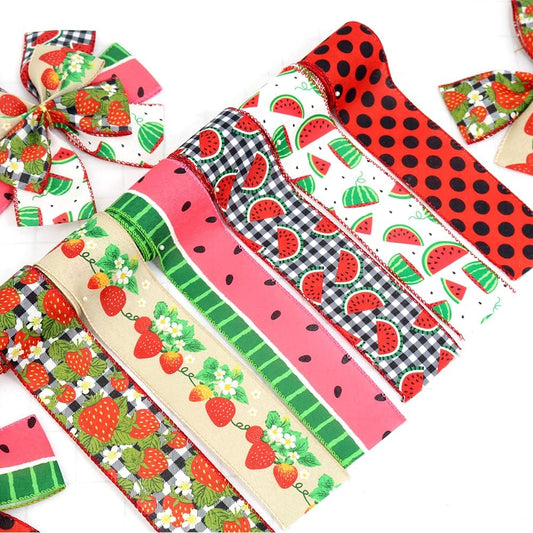 2.5" Watermelon and Strawberry Ribbon,Summer Craft Wire Edged Ribbon,Checks,Polka Dots,Watermelon Slices,Strawberries and Flowers Faux Linen Ribbons for Floral Arrangements, Packages and Home Decor.