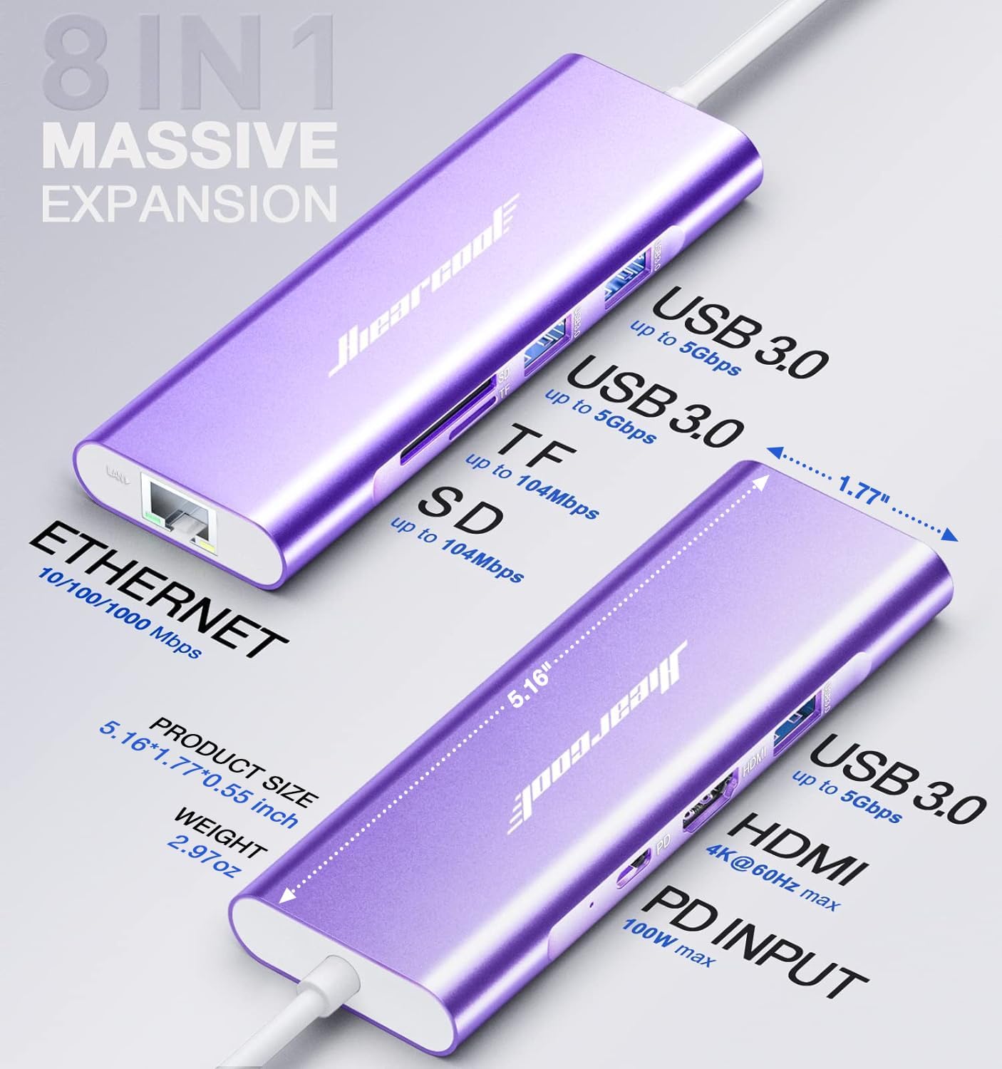 Hiearcool USB C Hub, USB-C Ethernet Dongle 4K@60Hz HDMI Multi-Port Adapter, USBC Docking Station Compatible for MacBook Dell HP Thunderbolt 3 4 Laptops-Purple