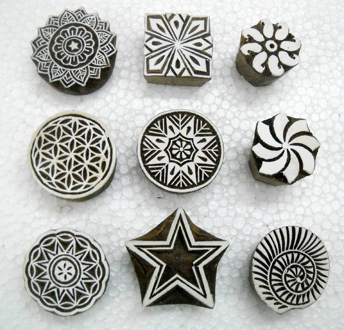Wholesale Lot of Nine Beautiful Wooden Block Stamps/Tattoo/ 100% Handcarved Indian Textile Printing Blocks