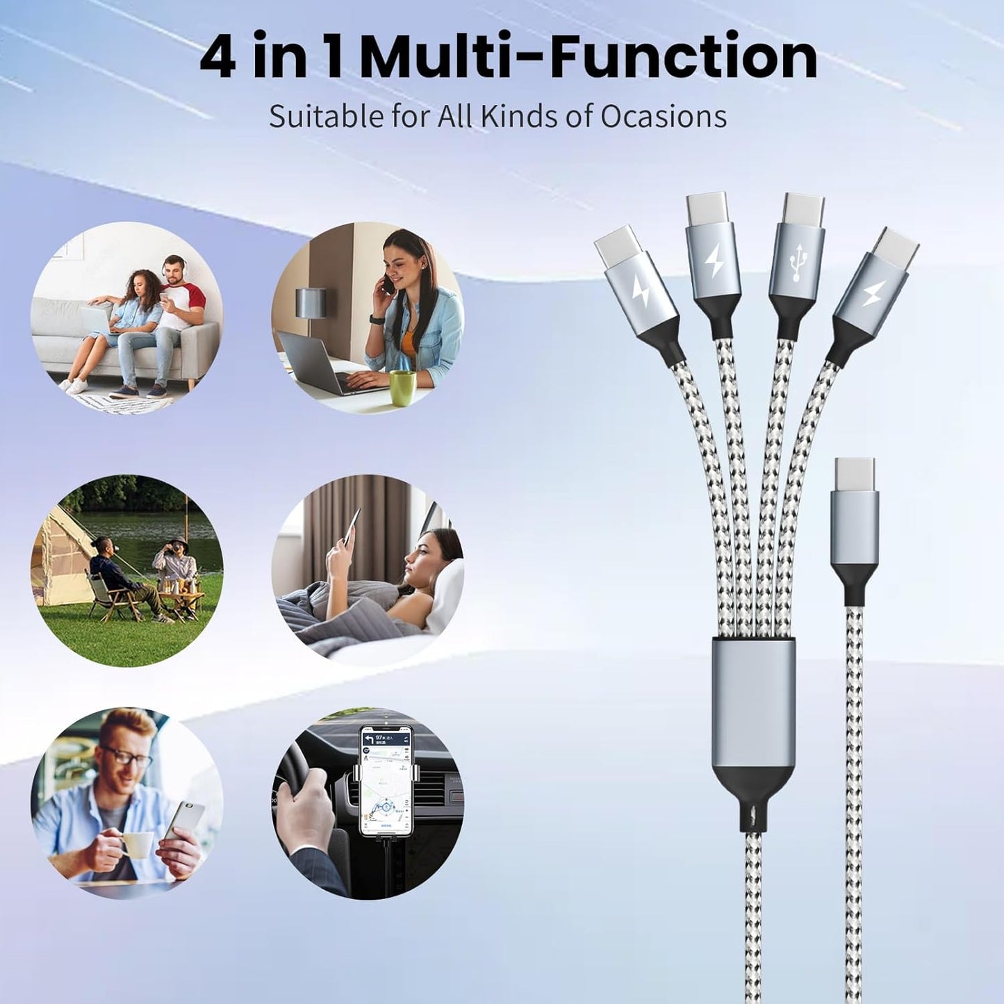 USB C Multi Charging Cable, Dual Type C Cable 1Pack 5FT, USB C Splitter with 4 Type-C Connectors,4 in 1 Multiple Nylon Braided Cable Compatible with iPhone 17 16 15 Pro Max/Galaxy/Tablets/Google.