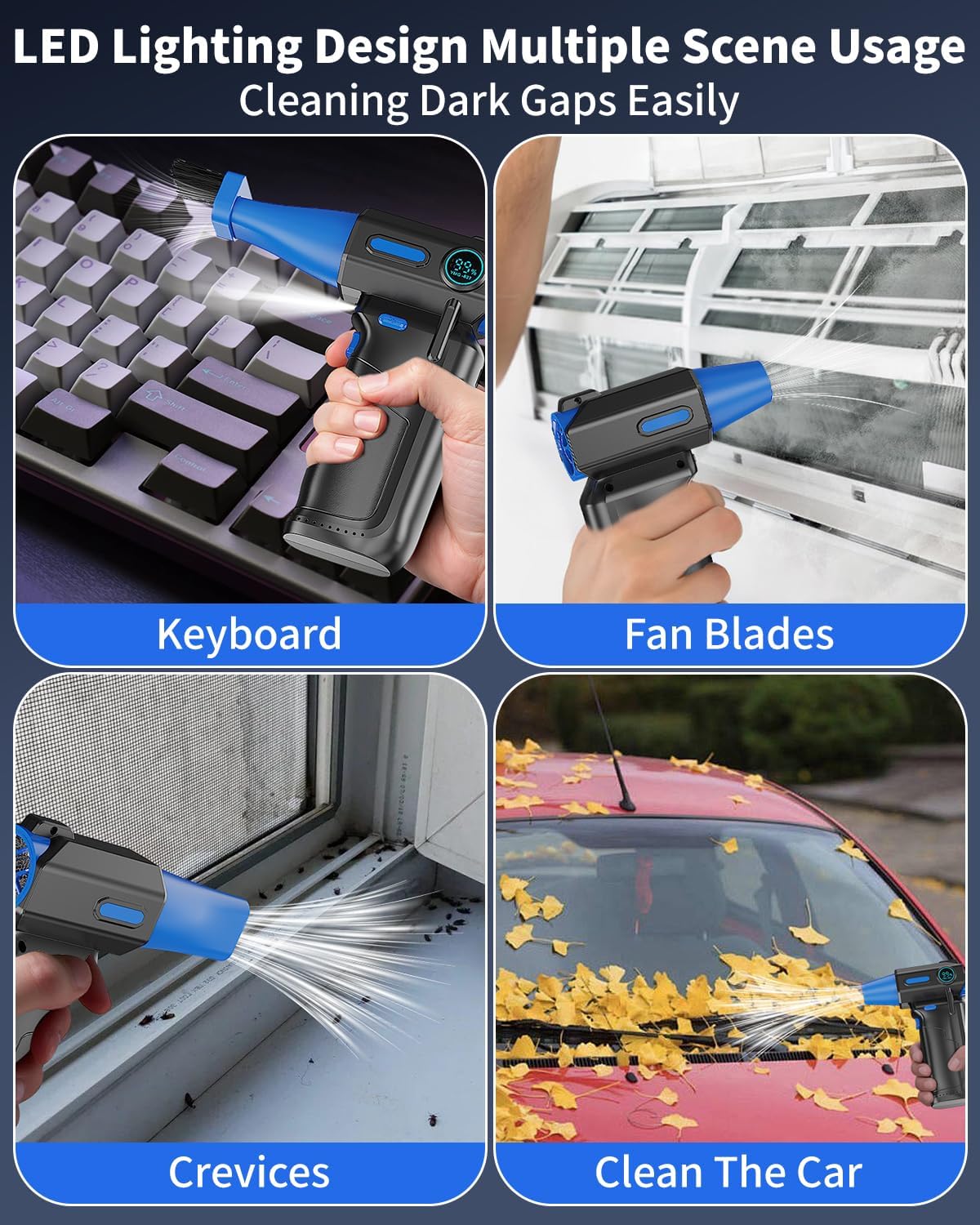 Compressed Air Duster-130000RPM Electric Air Duster, 3 Gear Adjustable, with Brushless Motor & LED Light, Rechargeable Cordless Air Blower, Dust Blower for Computer, Keyboard, House, Outdoor and Car