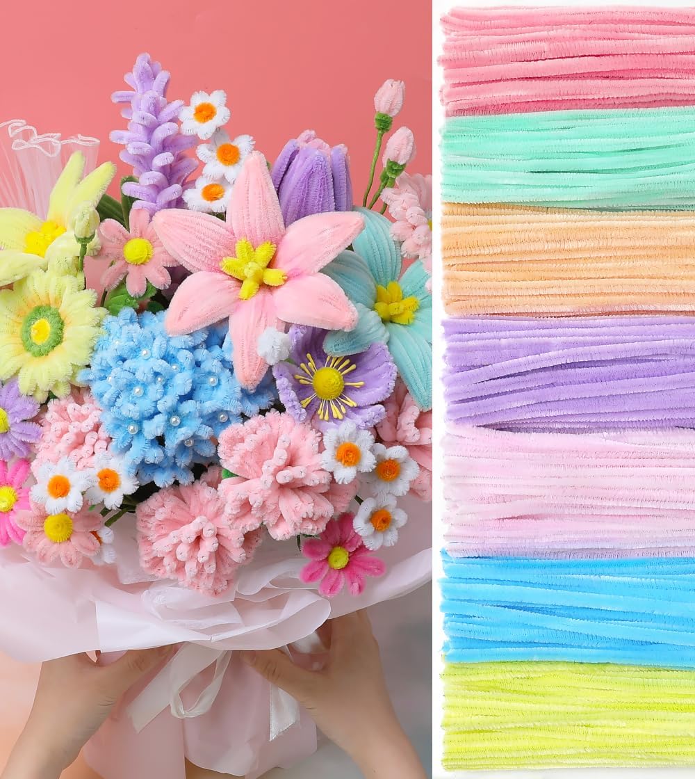 IOOLEEM Pipe Cleaners,500pcs in 7 Colors, Pastel Pipe Cleaners, Macaron Candy Colors, Chenille Stems for Art and Craft Projects,Flower DIY Decorations