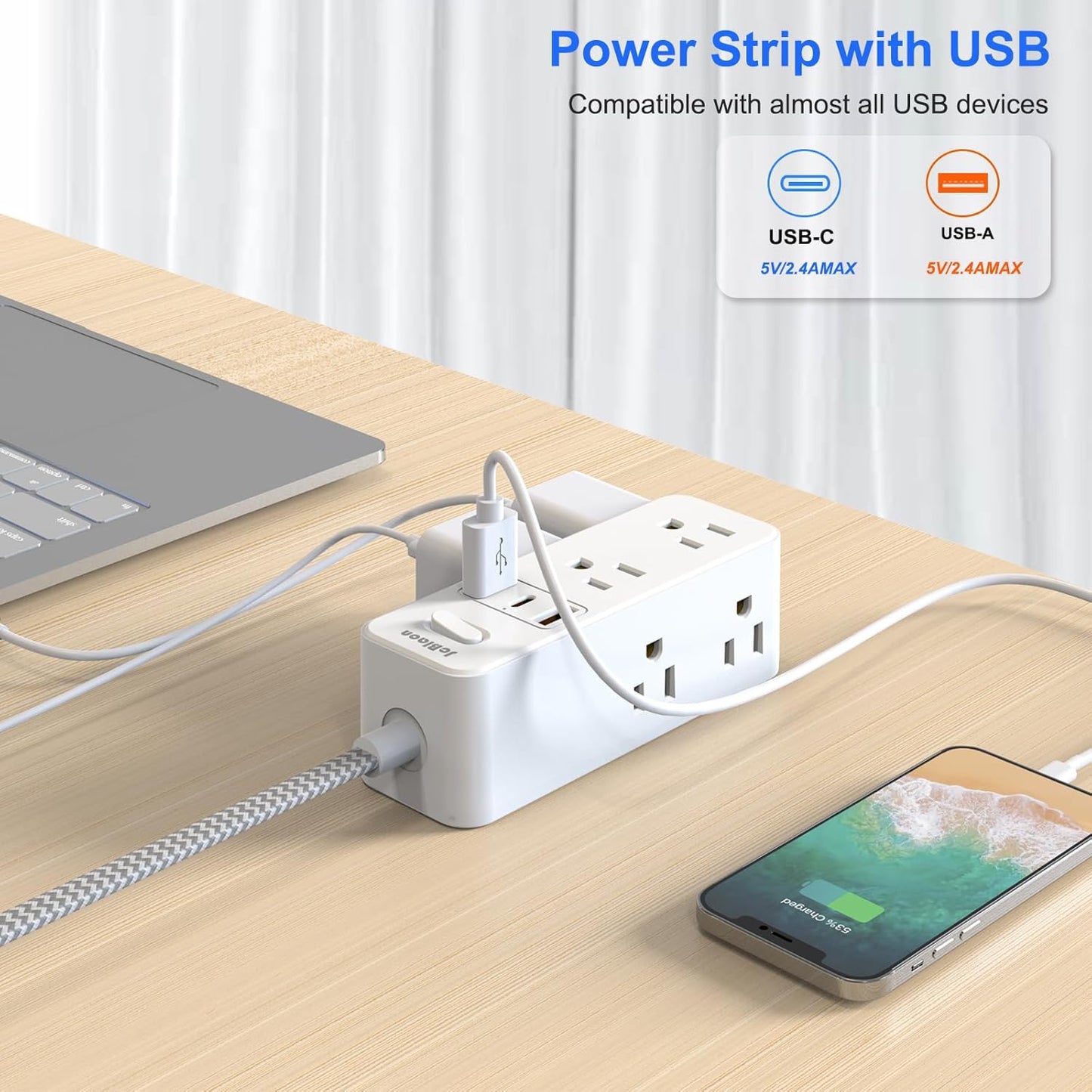 Power Strip Surge Protector, 5Ft Flat Plug Extension Cord with Multiple Outlets, 6 Outlets with 3 USB Ports(1 USB C), 3-Side Outlet Extender, Wall Mount, Compact for Travel, Home, College Dorm Room