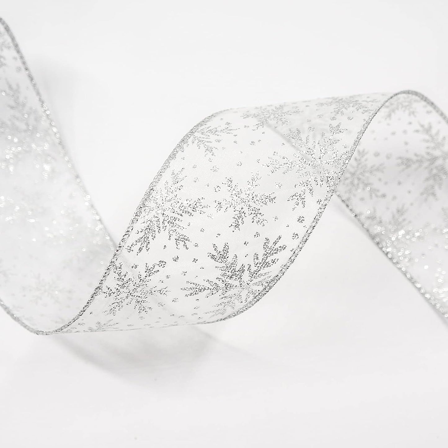 CT CRAFT LLC Organza with Silver Glitter Snowflakes Wired Ribbon 2.5 inch x 50 Yards for Christmas Home Decor Tree Topper Bow Gift Wrapping DIY Crafts Wreath Garland Wedding