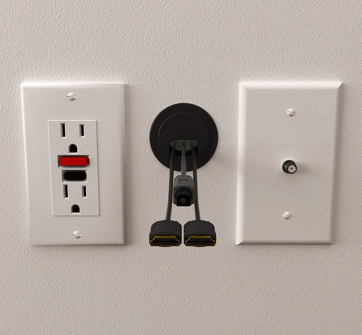 (2-Pack Black) Cable, Wire &amp; Cord Management - Self Locking Grommet with Cover for Walls, Ceilings, Desks, Used for All Surfaces 3/8” to 1” Thick, Made in USA