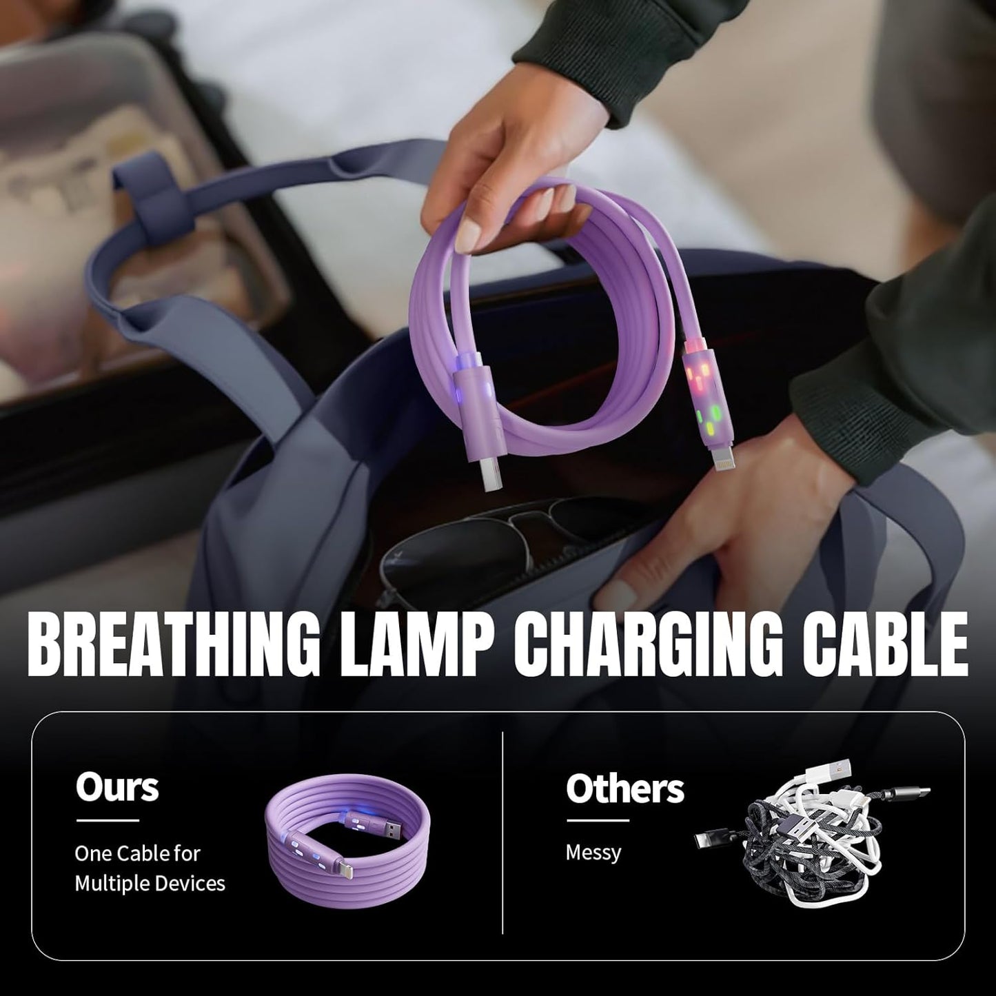 240W USB C Cable,4 in 1 Charging Cable Fast Charging & Data Sync,Multi USB Charging Cable with Breathing Light,Charger Cord for iPhone 17/16/15 14 13 iPad Galaxy MacBook iPad Tablets,Purple 5Ft
