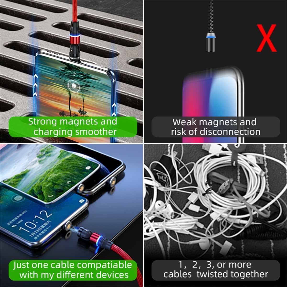 Magnetic Charging Cable (6-Pack,1.6+3.3+3.3+6.6+6.6+10ft) 540° Rotation 3A Fast Charging Data Sync 3 in 1 Magnetic Phone Charger Cable with LED Light Compatible with Micro USB Type C Phone Device