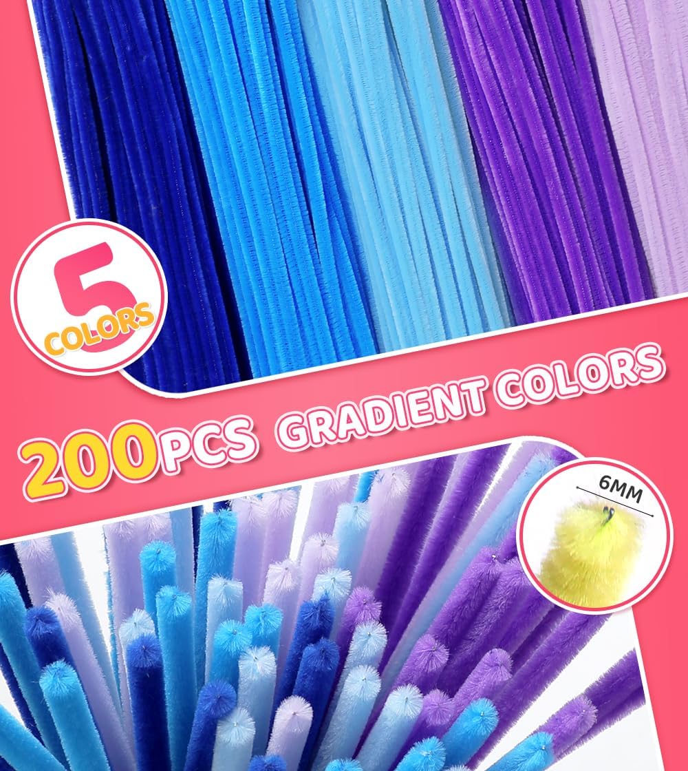 IOOLEEM Blue Pipe Cleaners,200pcs in 5 Colors, Chenille Stems for Art and Craft Projects, Flower DIY Decorations
