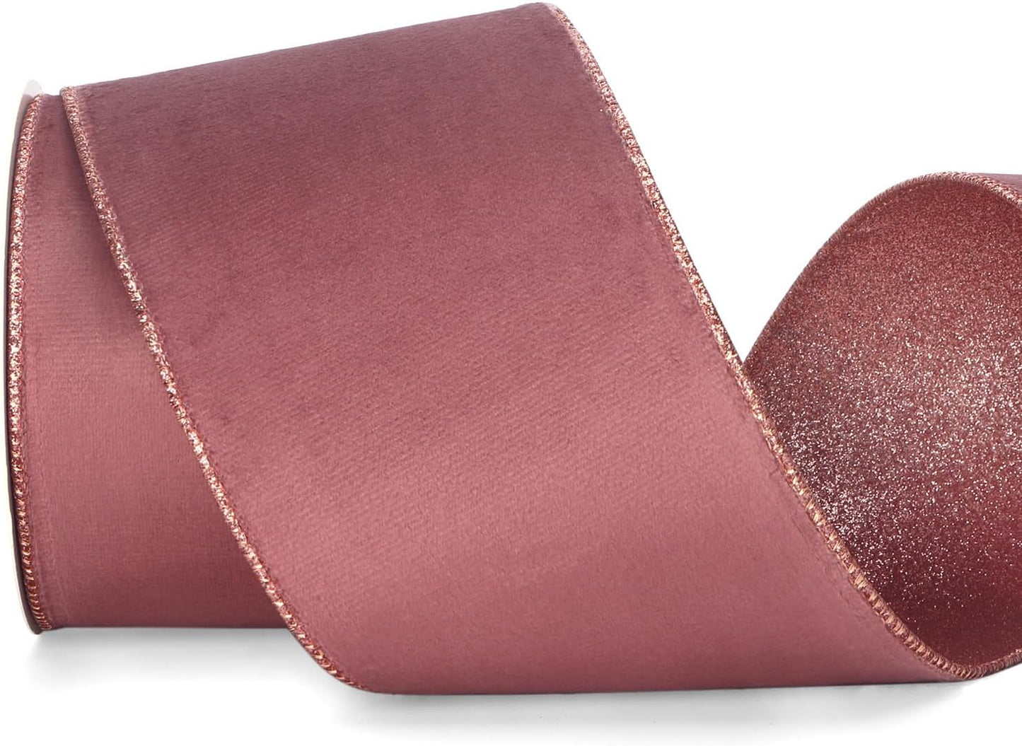Ribbli Rose Gold Velvet Wired Ribbon 4 Inch Dusty Rose Velvet with Rose Gold Glitter Christmas Ribbon for Christmas Tree Decoration Big Bow Gift Wrapping Crafts Wreaths Supplies- 10 Yards