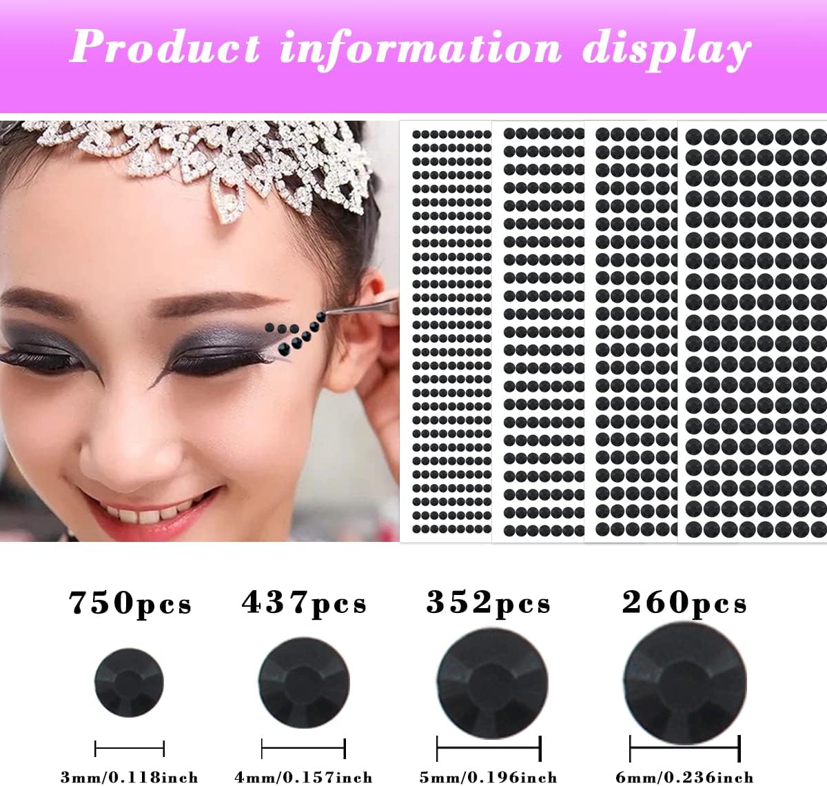 1799pcs Self Adhesive Face Gems Stickers, Hair Gems Rhinestones Stickers, Bling Jewels for Makeup, Crafts, Home Decor Scrapbooking Embellishments, 4 Sizes 3mm/4mm/5mm/6mm(Black Rhinestones)