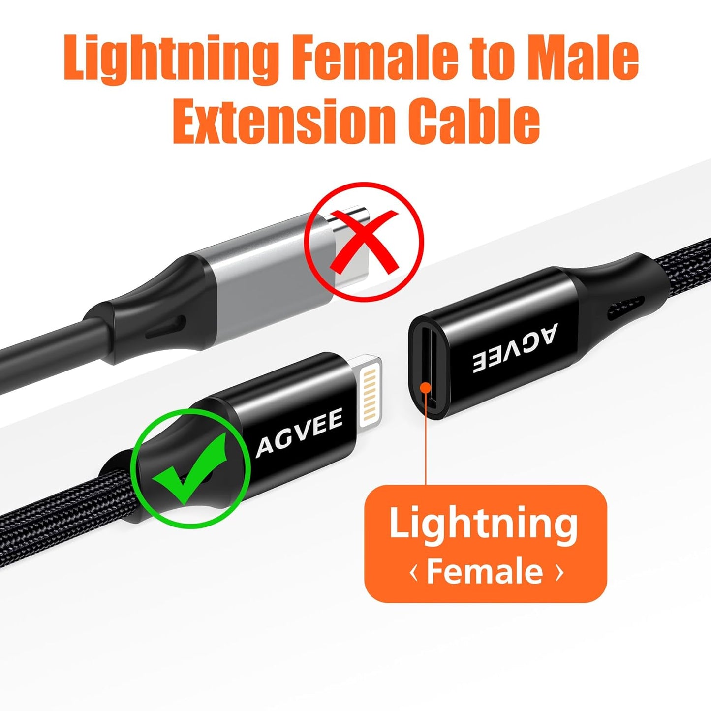 AGVEE 1ft Lightning Extension Cable, Braided Female to Male Extender Full Function Cord Compatible with iPhone iPad, Data Sync Video Audio & Charging Connector Adapter, Black