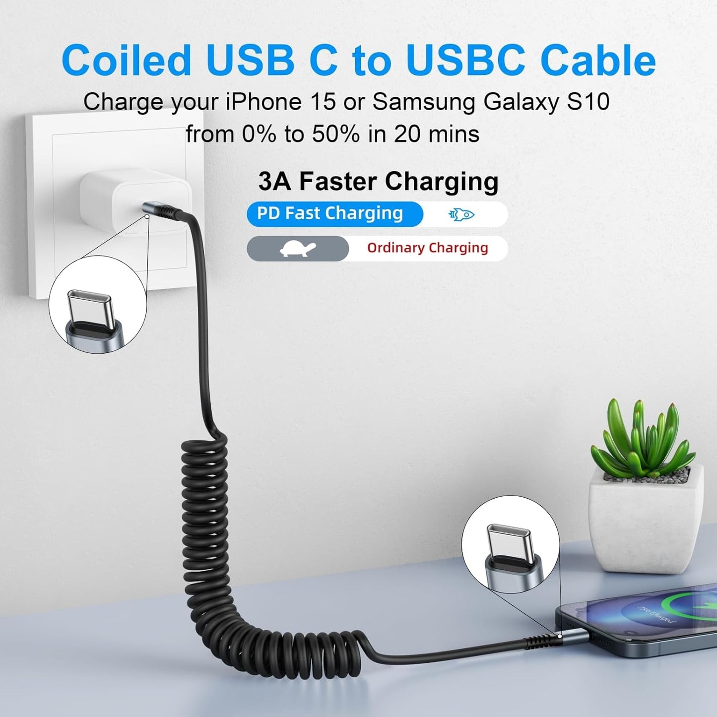 USB C to USB C Cable 6ft, 2Pack Coiled USB C Charger Cable Car, Type C Fast Charging for Cable for iPhone 17/16/15/Plus/Pro/Pro Max/MacBook Pro 2020/iPad Pro 2020/iPad Air 4/Samsung Galaxy S23