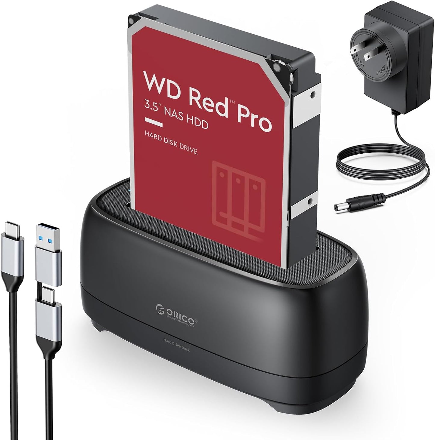 ORICO Hard Drive Docking Station for USB C 2.5”/3.5” SSD HDD SATA I II III External Hard Drive Dock 22TB 2 in-1 Type C to USB A Cable (DD18C3)