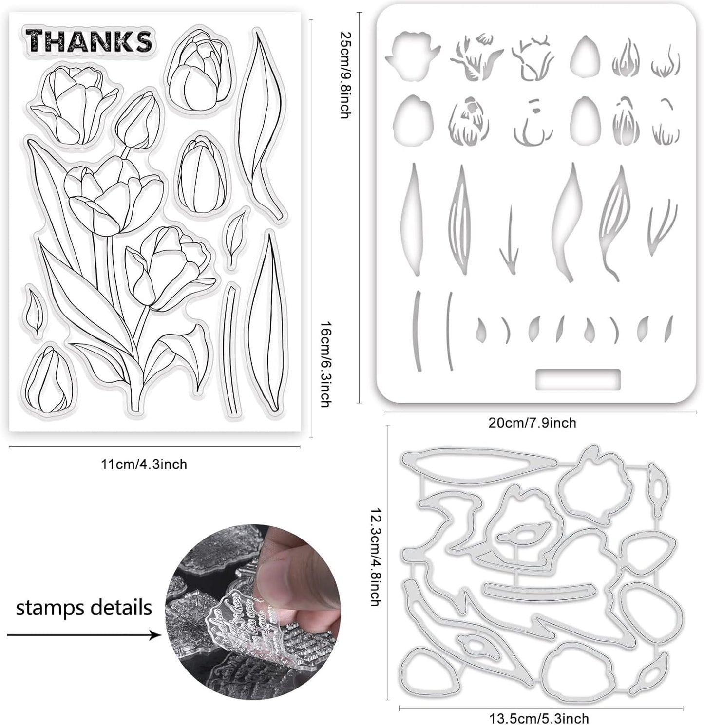ORIGACH Realistic Tulips Stamps and Die and Layering Coloring Stencil Bundle for Card Making Album Arts Crafts Supplies