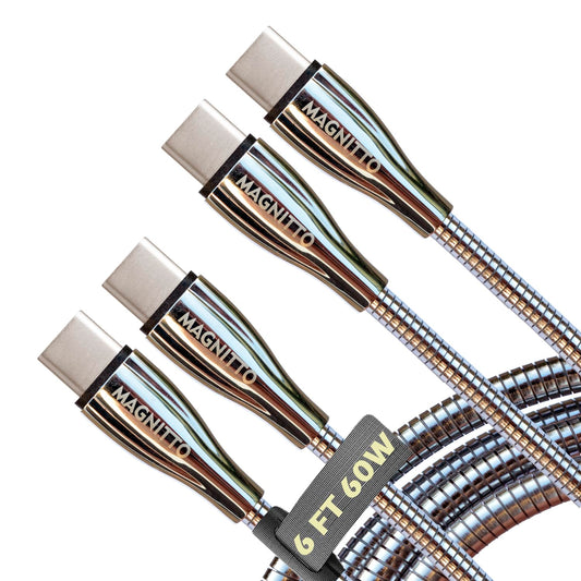 Metal Braided Wire USB C to USB C Cable 6ft, 2Pack, 60W 3A, Stainless Steel, Strong Durable Wire, Tangle Free, Pets Chewing Proof, Silver
