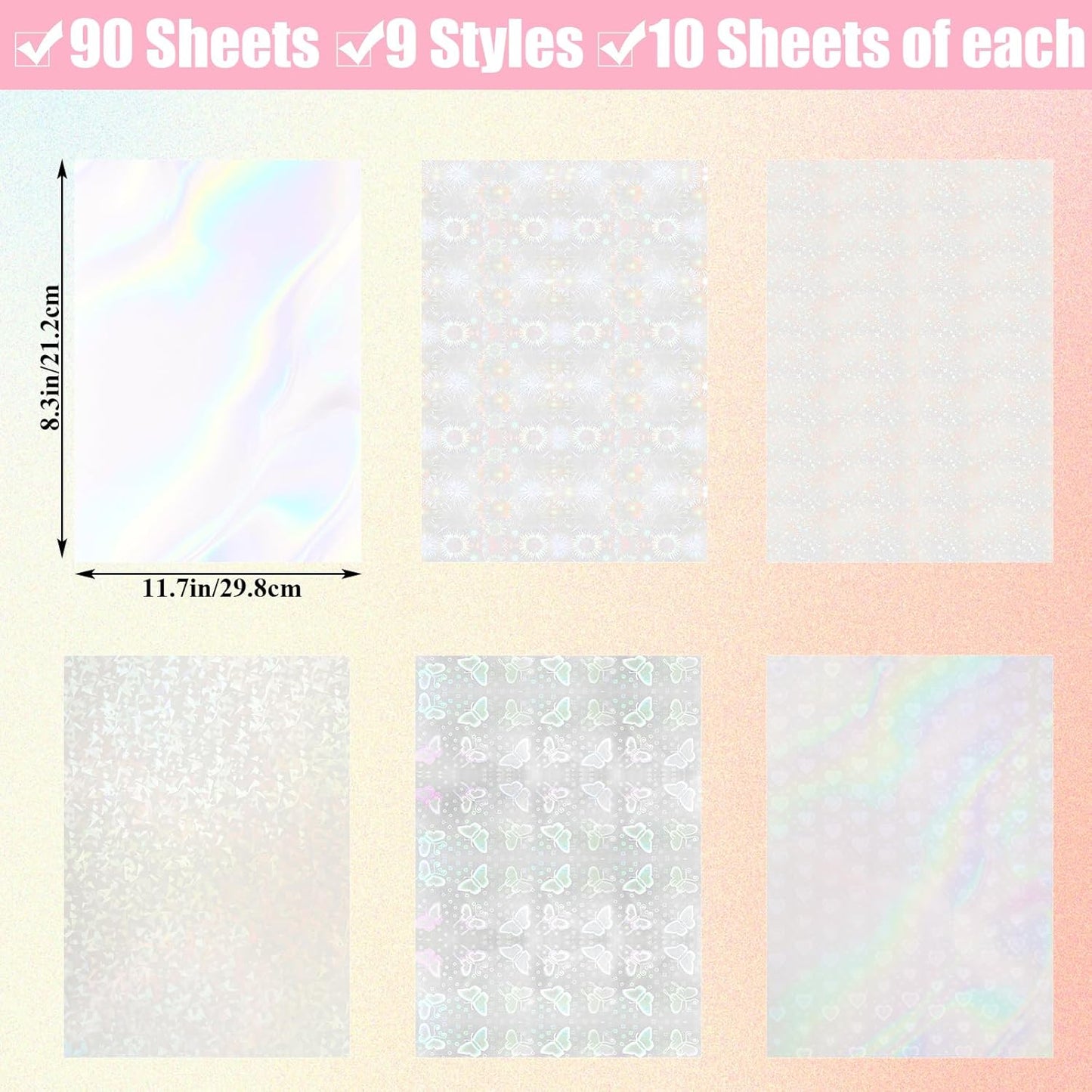 STARVAST 90 Sheets Holographic Sticker Paper, Transparent Holographic Vinyl Laminate Sheets, Self Adhesive A4 Size Printable Holographic Paper with Gem Rainbow Spot Star Patterns