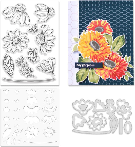 ORIGACH Daisy Flower Stamps and Dies and Layering Coloring Stencil Set, Silicone Stamps Metal Die Cut and Layering Stencil Template with Daisy Pattern for Card Making Scrapbooking DIY Crafting